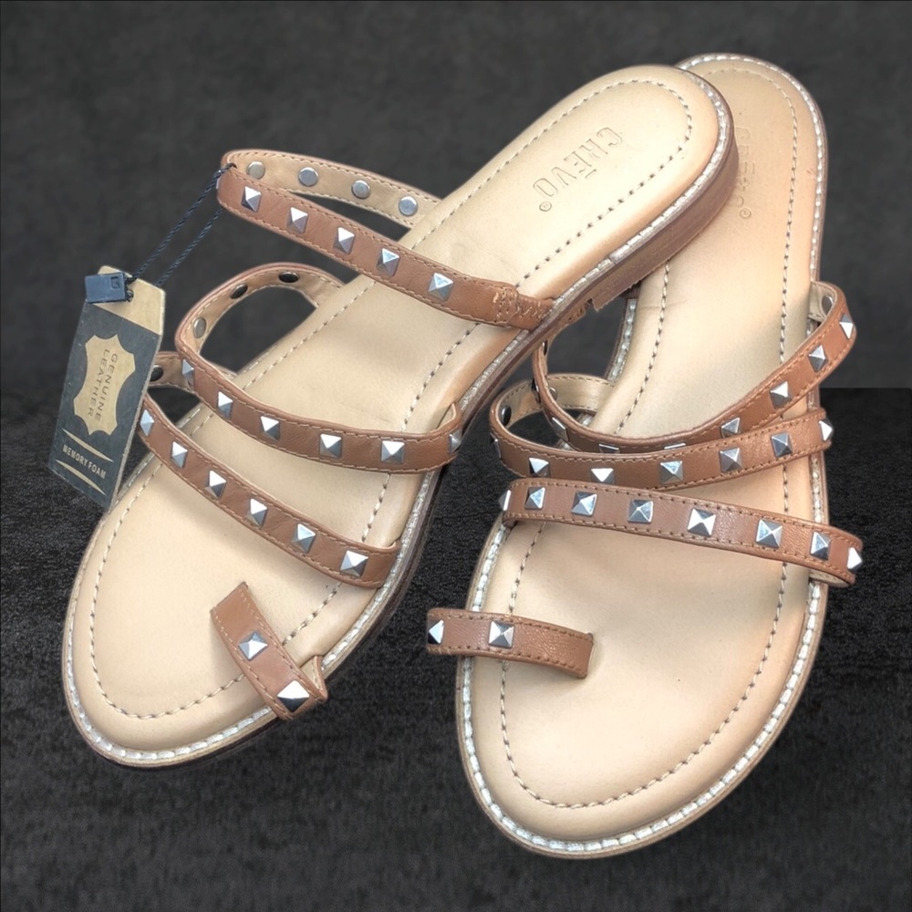 Crevo Tan Studded Multi-Strap Slide Sandals